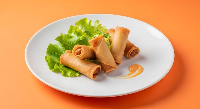 Lumpia goreng renyah disajikan di atas piring putih dengan selada hijau segar dan saus sambal, hidangan pembuka yang menggugah selera.