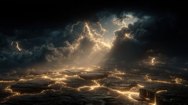 Fantasy wallpaper. A dramatic depiction of a stormy sky over a vast expanse of water. The sky is filled with dark, stormy clouds, illuminated by a bright flash of lightning striking through them.