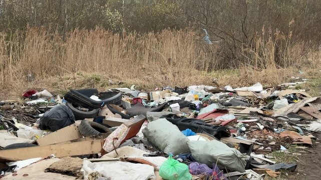 Illegal household garbage dumped in field, scattered tires, plastic bags and cardboard among dry spring grass on residential
