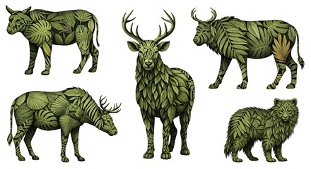 Naklejka premium Stylized animals with leaf patterns