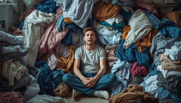 There is a man that is sitting on the floor in front of a pile of clothes