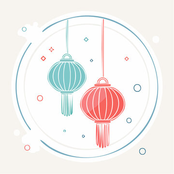 Two Hanging Lanterns, One Red, One Blue, with Decorative Elements