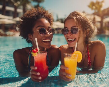 Happy Friends Toasting Drinks at Poolside Party