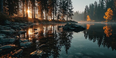 Sunset over calm lake with trees reflected on water near rocky shoreline in forest © ภูริพัฒน์ ภิรมย์กิจ