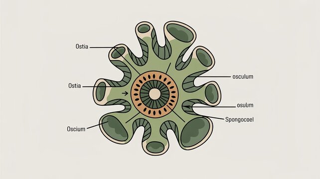 Labeled scientific illustration of Spongilla freshwater sponge showing ostia osculum and spongocoel in clear textbook style with flat colors for easy biology learning and visual understanding