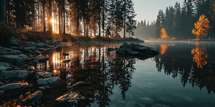 Sunset over calm lake with trees reflected on water near rocky shoreline in forest
