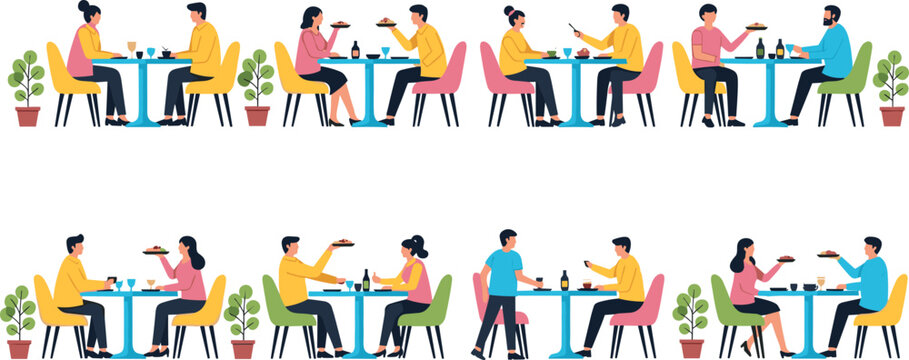 Couples and Groups Dining and Socializing at Tables in a Restaurant or Cafe Icon Set for Lifestyle, Dining, and Social Interaction Designs