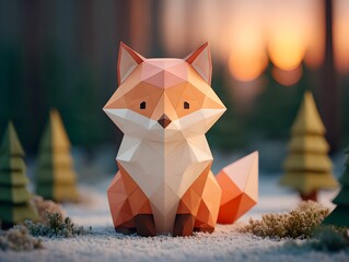 Fototapeta premium A paper fox in a forest, evoking a sense of wonder and beauty. The vibrant colors and geometric shapes of the paper fox create an eye-catching contrast against the soft background