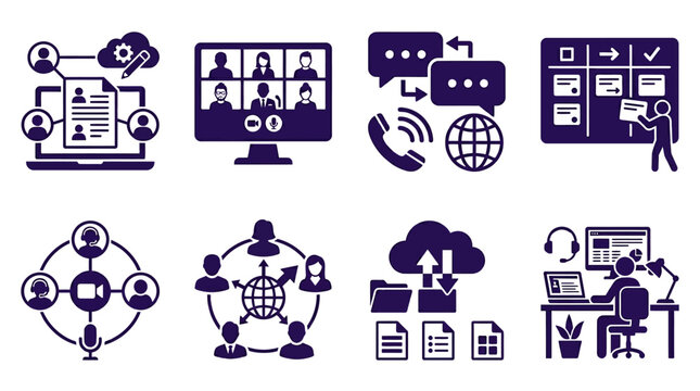 Digital communication tools and virtual meetings illustrated with icons representing connectivity