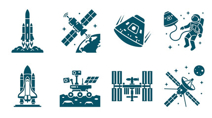 Collection of space exploration icons depicting rockets, satellites, and astronauts in action © Apolobay