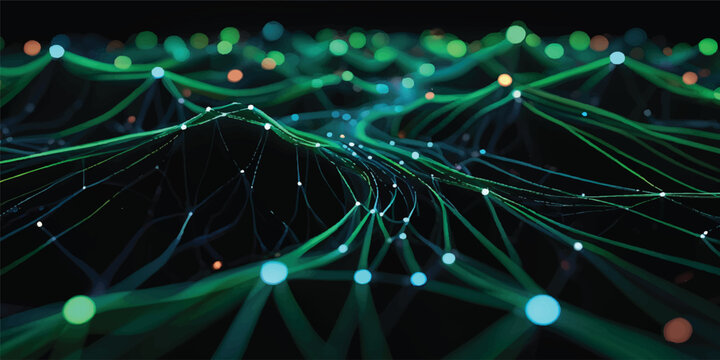 Abstract green background with glowing lights and fractal waves creates a bright energy design and fantasy motion texture for a technology wallpaper backdrop
