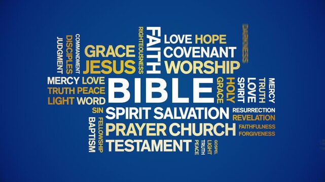 Bible animated word cloud-text design animation tag kinetic typography seamless loop.
