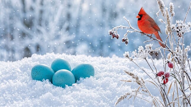Serene winter composition showing four vibrant smooth robin's egg blue eggs resting gently on a thick bed of sparkling fresh white snow.