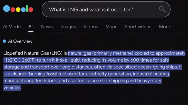 What is LNG and What Is It Used For AI Overview search engine text animation with documentary style search bar animation for news topic and trend