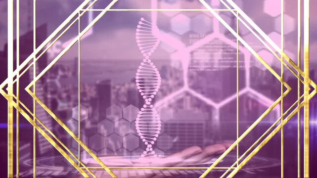 Golden frames converging, hologram helix growing above palm, rotating and visualizing genome