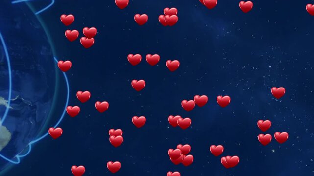 Red heart icons spawning from lower edge, rising over stylized Earth, showing global network bonds