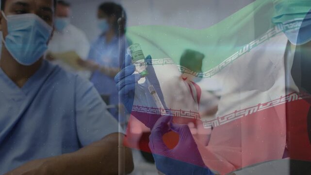 Medical nurse drawing vaccine prepping syringe to patient arm while flag overlay aligning on chest