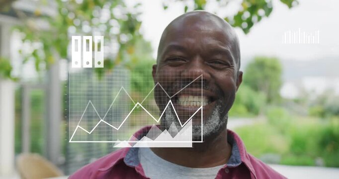 Man smiling on porch, phone icon appearing causing animated cloud charts forming business gears