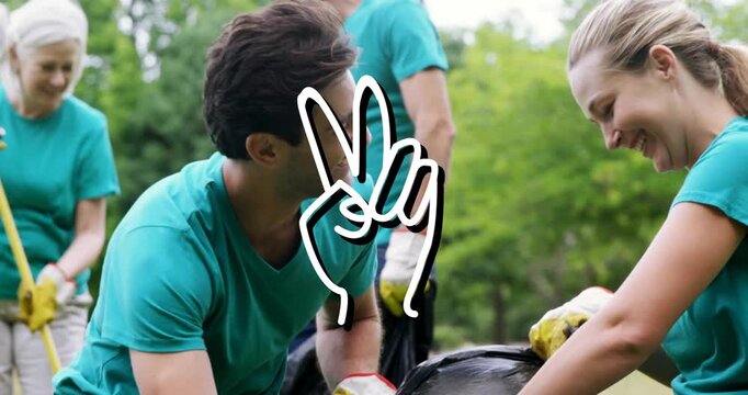Volunteers reaching bag after rake tug, filling while doing park cleanup, peace graphic overlaying