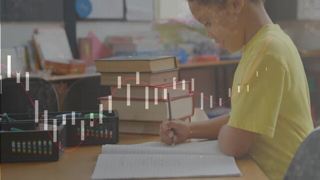 Male student writing in class with pencil upon opening notebook, animated bars tracking classwork