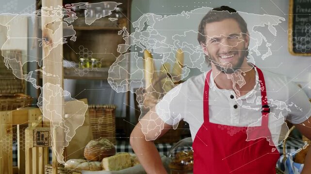 Map overlay appearing, baker stepping forward posing with loaves, baskets, linking bakery globally
