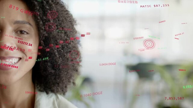 Mid-adult woman smiling, translucent crypto overlay appearing around hair and showing market prices