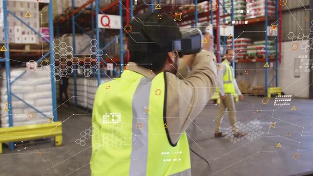 Man in vest starting VR, using controller, running warehouse training, HUD overlay guiding actions