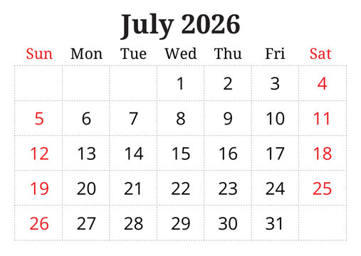 2026 july printable calendar planner. English monthly page vector template Sunday start