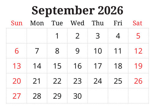 2026 september printable calendar planner. English monthly page vector template Sunday start