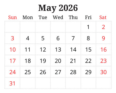 2026 may printable calendar planner. English monthly page vector template Sunday start