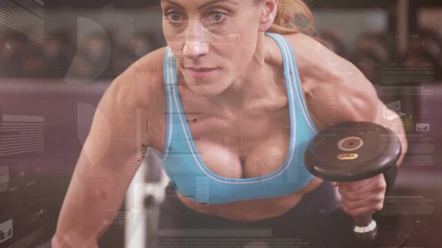 Woman bracing bench gripping dumbbell pulling in gym, overlays showing back muscle work for fitness