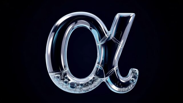 Transparent 3D alpha letter with flowing bubbles on a black background representing science and data.