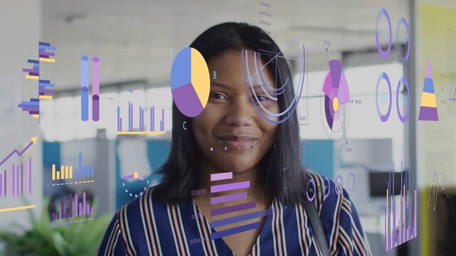 Woman in office, data charts appearing over face then sliding aside, smiling at business insight