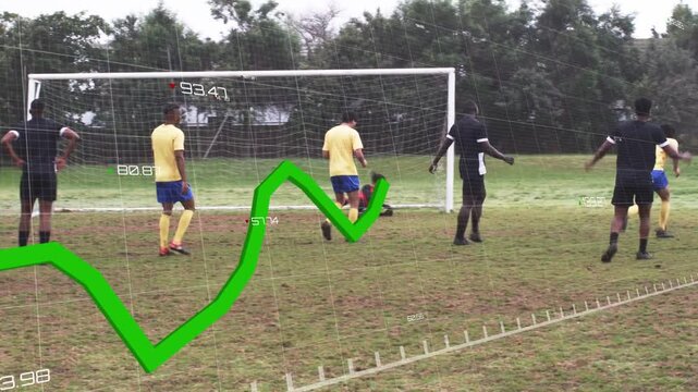 Black-team clearing after ball contesting and GK diving, countering while overlay annotating soccer