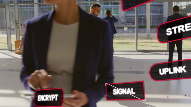 Man walking atrium using phone and calling as woman tapping tablet sparking technology labels
