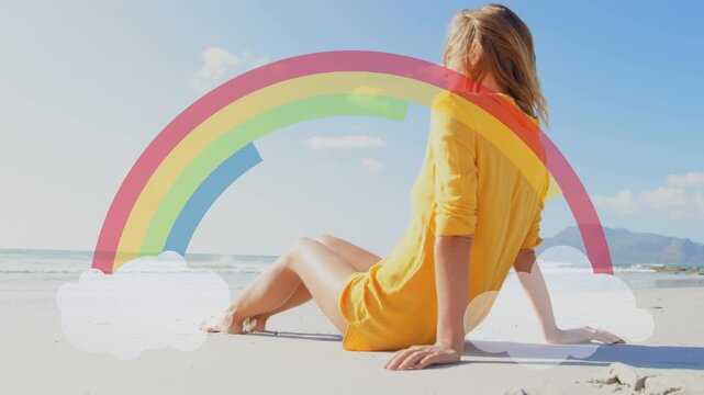 On beach, woman turning torso and head, partial arc starting rainbow covering face for marketing