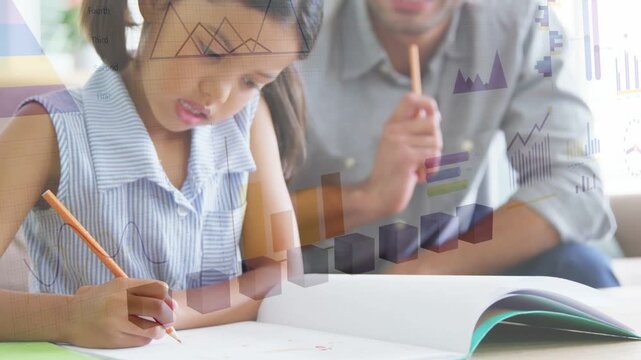 Girl touching pencil to workbook writing while tutor leaning in charts overlaying tracking progress