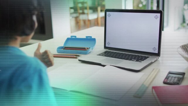 Boy in headset replying laptop cue giving thumbsup counting two while glitch bars crossing school