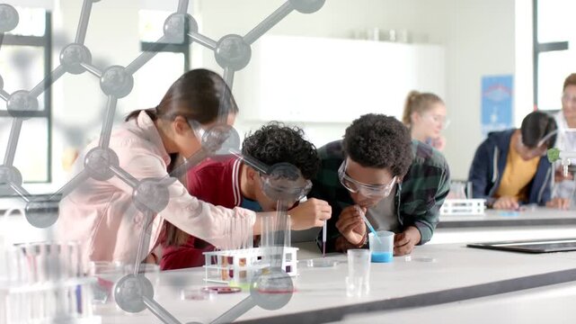 Students testing in lab dipping dropper into blue cup noting result with molecular overlaying bench