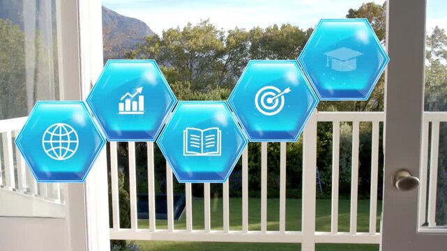 Glass door opening, translucent hex tiles popping, linking and drifting left to showcase icons