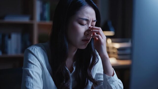 Stressed Asian Woman Working Late at Night on Computer Experiencing Headache and Eye Strain.