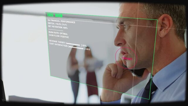 Manager speaking on phone, activating HUD via speech, tapping and monitoring 92% revenue target