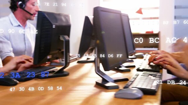 Call agents answering incoming call, typing, hex codes animating across screens highlighting inputs