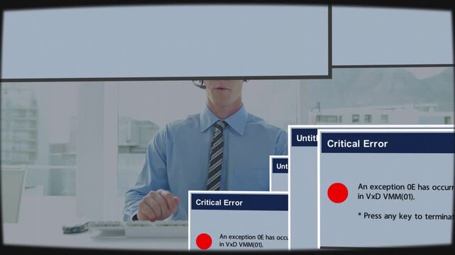 Agent typing at tech desk while error dialogs appearing and obscuring view, trying to stop errors
