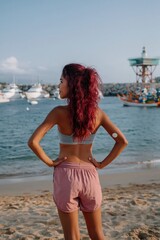 Fototapeta premium Young woman standing facing marina on sandy beach waterfront