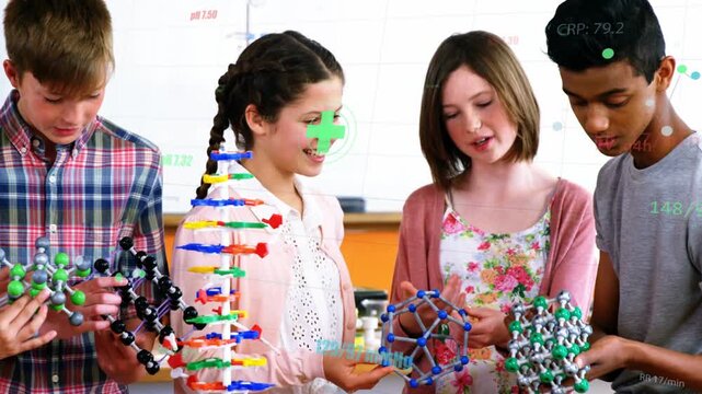 Incoming student joining group, passing and rotating DNA models while HUD tagging parts for science