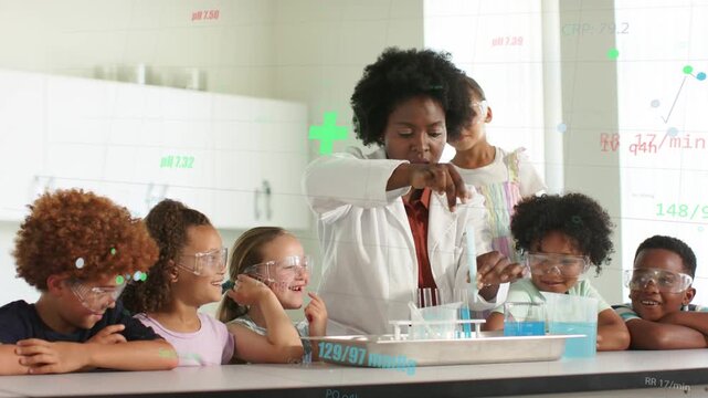 Female instructor adding reagent to beaker in science class, HUD highlighting reaction for students