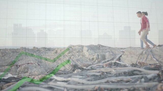 Man stepping, woman following ridge, drawing green market chart over driftwood grid showing growth