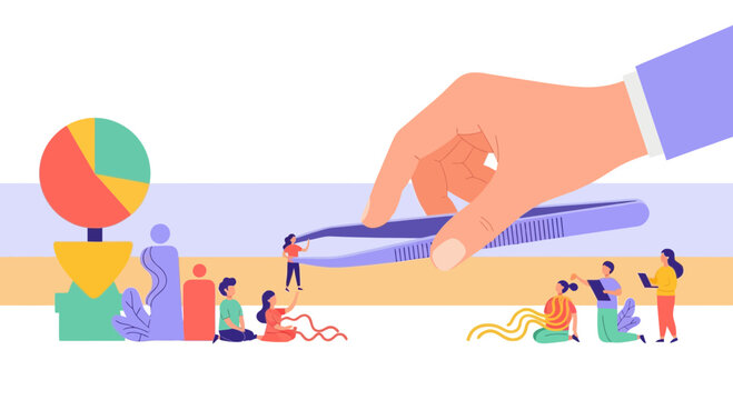 Giant hand selecting best job candidate from a group of people