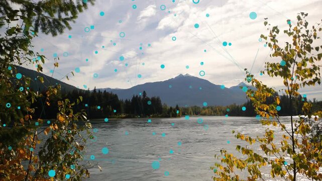 Turquoise markers appearing after start, drifting and expanding across river, showing sensor data